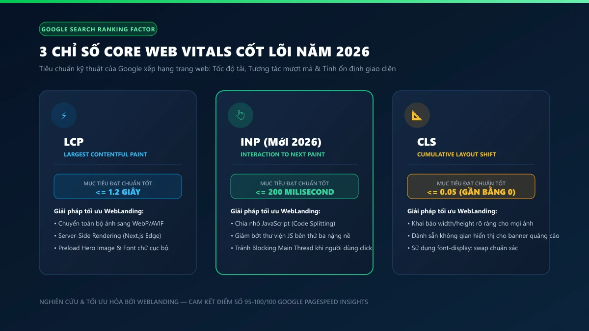 Sơ đồ 3 chỉ số Core Web Vitals năm 2026 gồm LCP tốc độ tải INP tương tác mượt mà và CLS ổn định giao diện