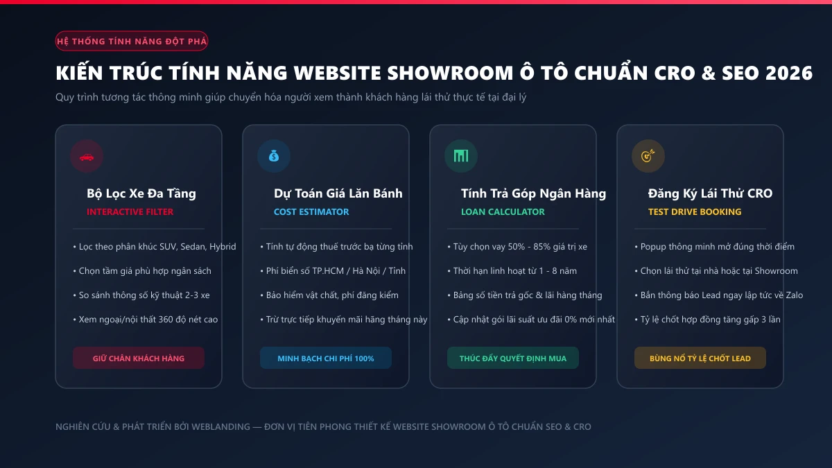 Sơ đồ kiến trúc tính năng website showroom ô tô chuẩn CRO và SEO tích hợp bộ lọc xe dự toán lăn bánh và trả góp