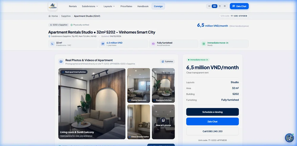 Trang chi tiết căn hộ cho thuê KienSmartCity tối ưu cấu trúc SEO Onpage và nút kêu gọi hành động Zalo xem nhà thực tế