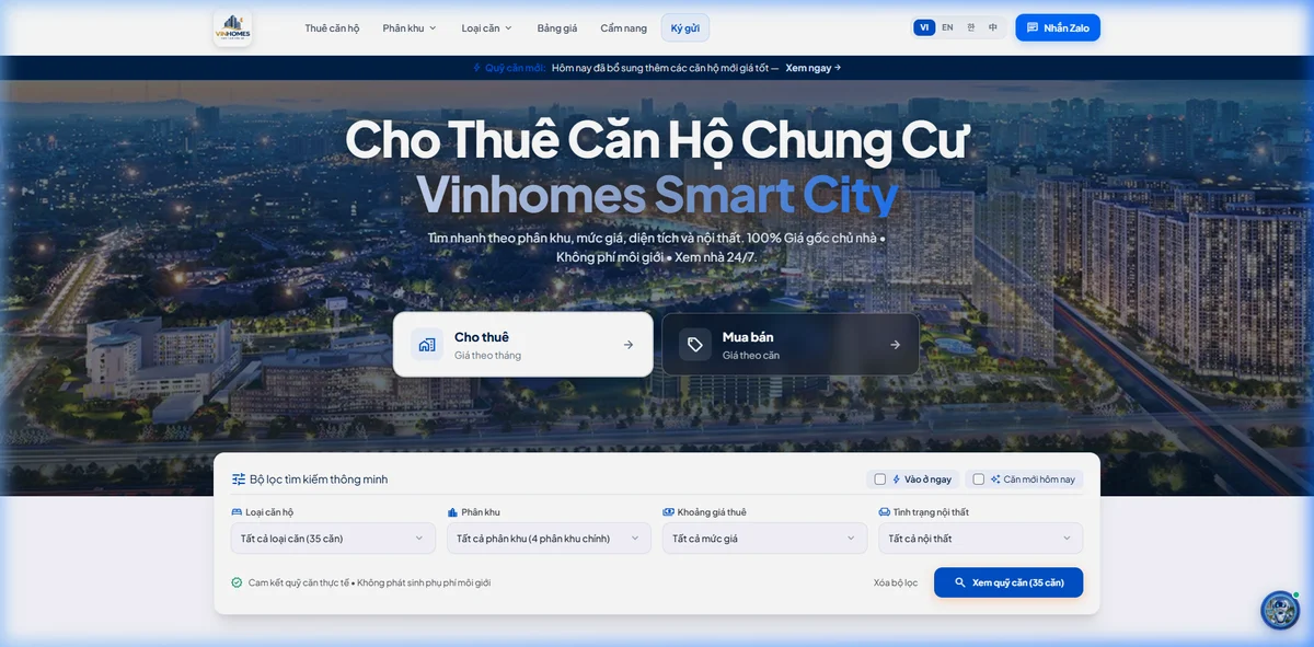 Giao diện website bất động sản KienSmartCity tích hợp bộ lọc tìm kiếm thông minh và bảng hàng cập nhật theo ngày