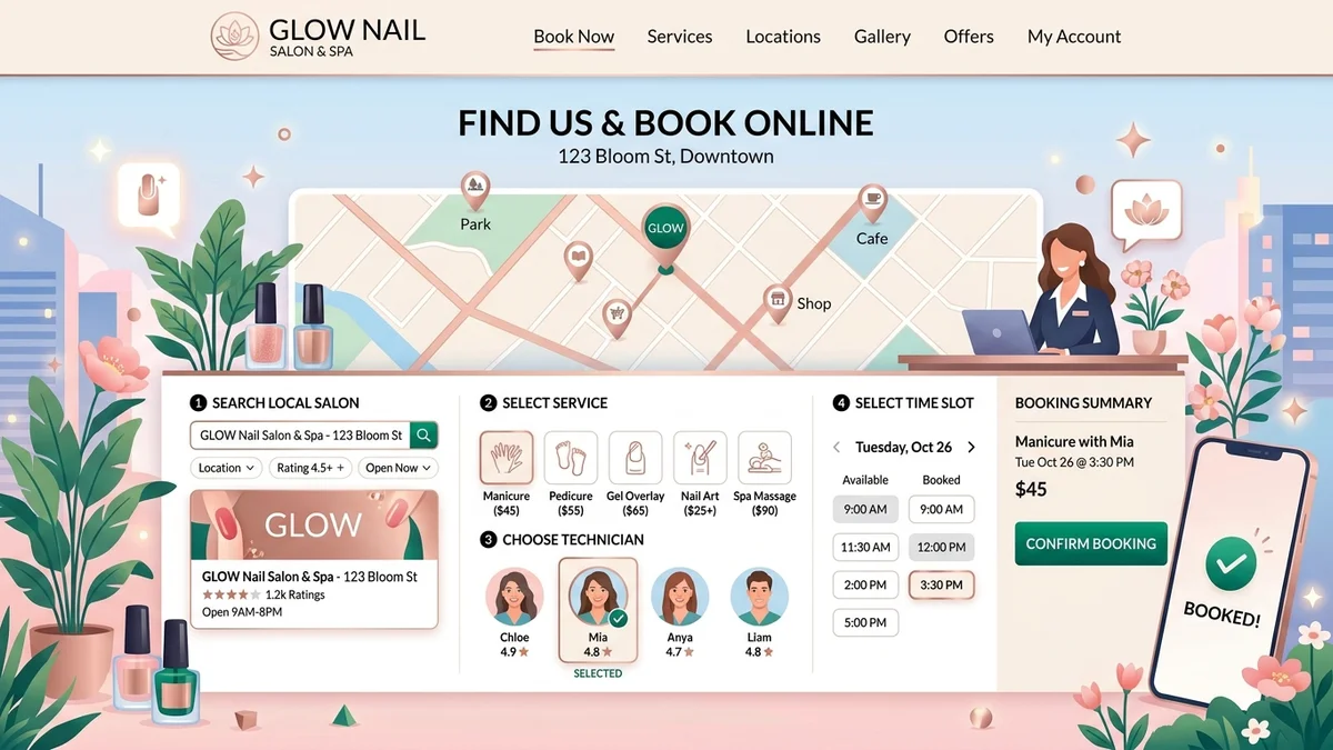Quy trình đặt lịch hẹn trực tuyến và kết nối Google Maps định vị tiệm nail salon